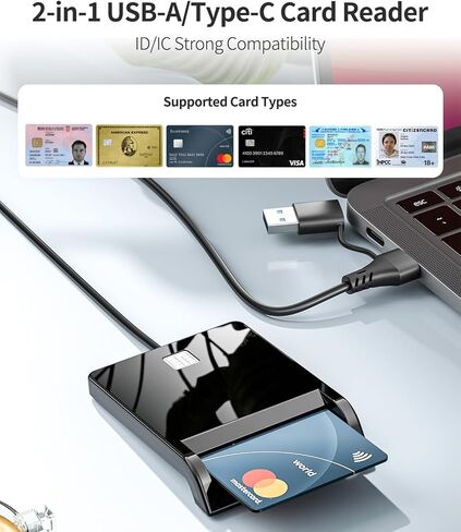 قارئ CAC، 2 في 1 USB-A وقارئ CAC من النوع C، قارئ بطاقات ذكية CAC للوصول المشترك USB العسكري متوافق مع Windows 10/11 وMac OS 10.15 وLinux in Kuwait