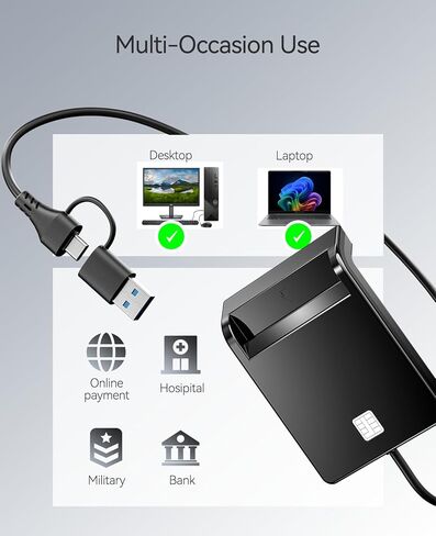 قارئ CAC، 2 في 1 USB-A وقارئ CAC من النوع C، قارئ بطاقات ذكية CAC للوصول المشترك USB العسكري متوافق مع Windows 10/11 وMac OS 10.15 وLinux in Kuwait