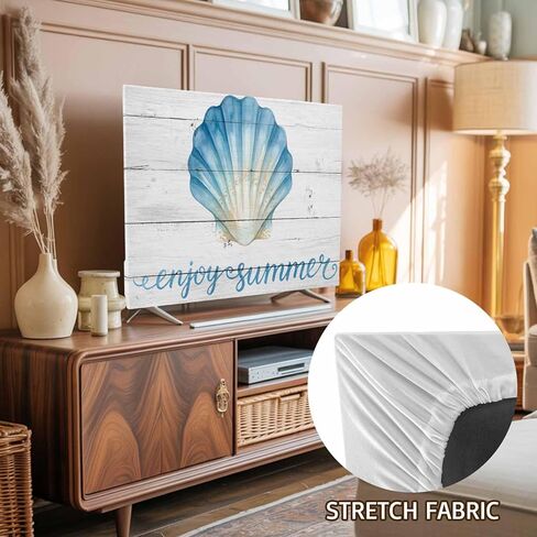 Enjoy Summer Indoor TV Dust Cover, Watercolor Blue Gradient Sea Shell Wood Grain Elastic TV Dustproof Cover for 40 Inch, Desktop Computer Monitor Dust Cover Protector for LED LCD OLED TVs 35"x22" in Kuwait