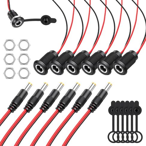 6 Sets Dc Power Jack Panel Mount Socket, Threaded Female Panel Mount Sockets Adapter with Dust Caps 2 Pin Solder Type with Dustproof Plug Connector 18awg Wire for Mp3 Phone Audio Video in Kuwait