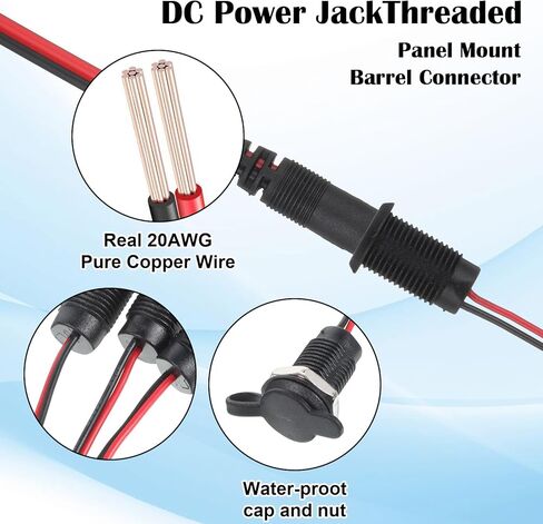 6 Sets Dc Power Jack Panel Mount Socket, Threaded Female Panel Mount Sockets Adapter with Dust Caps 2 Pin Solder Type with Dustproof Plug Connector 18awg Wire for Mp3 Phone Audio Video in Kuwait
