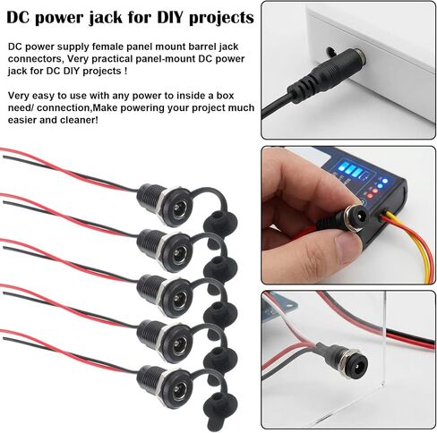 6 Sets Dc Power Jack Panel Mount Socket, Threaded Female Panel Mount Sockets Adapter with Dust Caps 2 Pin Solder Type with Dustproof Plug Connector 18awg Wire for Mp3 Phone Audio Video in Kuwait