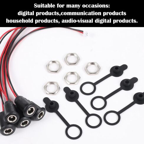 6 Sets Dc Power Jack Panel Mount Socket, Threaded Female Panel Mount Sockets Adapter with Dust Caps 2 Pin Solder Type with Dustproof Plug Connector 18awg Wire for Mp3 Phone Audio Video in Kuwait