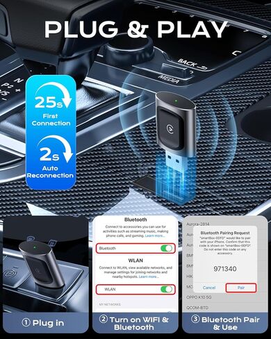 AuroraLink JC015 محول CarPlay اللاسلكي 2 في 1 - ترقية 2026، التوصيل والتشغيل، اتصال فائق السرعة 5.8 جيجا هرتز، تجربة تشبه OEM لسيارات CarPlay السلكية في المصنع (موديلات 2016+، iOS 10+) in Kuwait