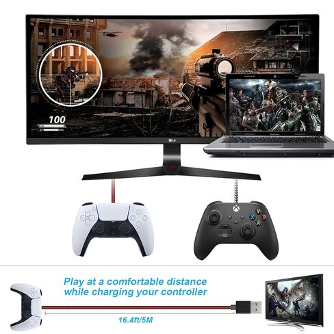 كابل شحن شاحن بطول 16.4 قدم لجهاز تحكم PS5 وXbox Series X/S، قطعتان من سلك مزامنة سلك بيانات طويل من النوع C إلى USB لجهاز DualSense وXbox Core وElite 2 وSwitch Lite وPro Controller in Kuwait