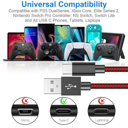 كابل شحن شاحن بطول 16.4 قدم لجهاز تحكم PS5 وXbox Series X/S، قطعتان من سلك مزامنة سلك بيانات طويل من النوع C إلى USB لجهاز DualSense وXbox Core وElite 2 وSwitch Lite وPro Controller in Kuwait