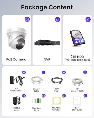 نظام كاميرا أمان Loocam POE 4K - 4 قطع كاميرات IP Dome رؤية ليلية ملونة، نظام أمان NVR 8CH 8MP مع محرك أقراص ثابتة 2 تيرابايت، صوت ثنائي الاتجاه، اكتشاف الشخص/المركبة بالذكاء الاصطناعي لنظام كاميرا تسجيل 24/7 in Kuwait