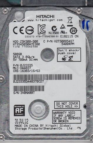 HTS545050A7E380، PN 0J23335، MLC DA4837، محرك الأقراص الصلبة Hitachi 500GB SATA 2.5 (متجدد) in Kuwait