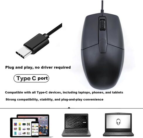 ماوس سلكي USB C، ماوس بصري من النوع C، محمول صامت ومريح، طول سلك 1.5 متر/4.9FT 1000 D-PI، 3 أزرار تصميم مريح يمكن استخدامه بكلتا اليدين لأجهزة iPad، والهاتف، والكمبيوتر المحمول، وMac، وMacBook، وAndroid، والكمبيوتر الشخصي، والسطح in Kuwait