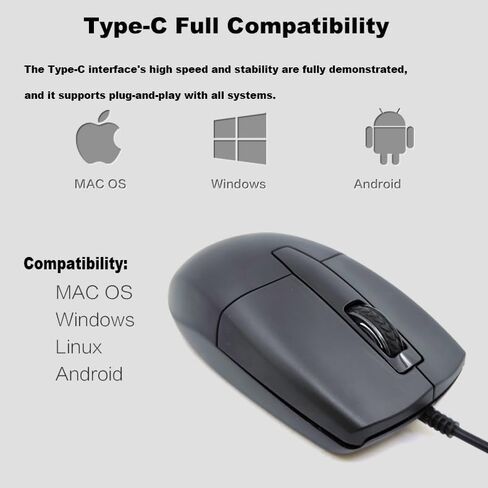ماوس سلكي USB C، ماوس بصري من النوع C، محمول صامت ومريح، طول سلك 1.5 متر/4.9FT 1000 D-PI، 3 أزرار تصميم مريح يمكن استخدامه بكلتا اليدين لأجهزة iPad، والهاتف، والكمبيوتر المحمول، وMac، وMacBook، وAndroid، والكمبيوتر الشخصي، والسطح in Kuwait