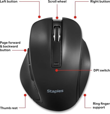 Staples TECH ماوس لاسلكي، بصري، يمكن استخدامه بكلتا اليدين، مستقبل USB للكمبيوتر الشخصي والكمبيوتر المحمول in Kuwait
