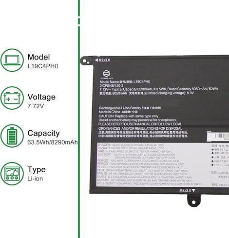 استبدال بطارية الكمبيوتر المحمول L19C4PH0 لجهاز Lenovo Ideapad Slim 9-14ITL05 Series Notebook SB10Y75087 5B10Y75089 L19M4PH0 SB10Y75088 5B10Y75090 أسود 7.72 فولت 63.5 وات 8290 مللي أمبير في الساعة in Kuwait