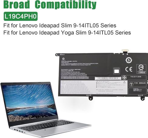 استبدال بطارية الكمبيوتر المحمول L19C4PH0 لجهاز Lenovo Ideapad Slim 9-14ITL05 Series Notebook SB10Y75087 5B10Y75089 L19M4PH0 SB10Y75088 5B10Y75090 أسود 7.72 فولت 63.5 وات 8290 مللي أمبير في الساعة in Kuwait