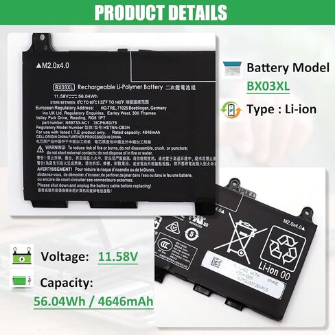BX03XL استبدال بطارية الكمبيوتر المحمول HP EliteBook 830 835 840 845 860 865 G11 ZBook Firefly 14 16 G11 Series Notebook TPN-IB0Y HSTNN-OB3H N59733-AC1 N59787-005 N59733-171 11.58V 56.04Wh in Kuwait