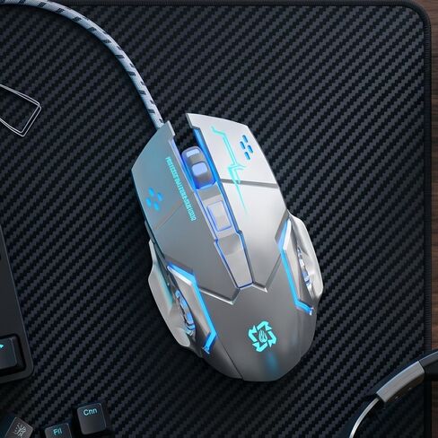 Gaming Mouse, 1600 DPI Wired Optical Mouse with 6 Programmable Buttons & Backlit Modes, Software Supports DIY Keybinds Rapid Fire Button Silver in Kuwait
