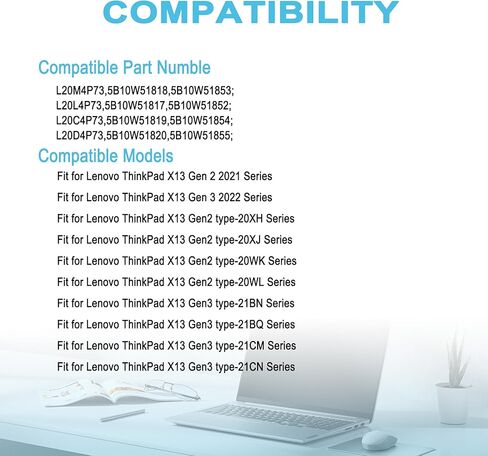 بطارية كمبيوتر محمول بديلة 54.7Wh L20M4P73 لجهاز Lenovo ThinkPad X13 Gen2 (2021) X13 Gen3 (2022) Series Notebook L20L4P73 L20C4P73 L20D4P73 5B10W51818 5B10W51853 15.36V 3564mAh in Kuwait