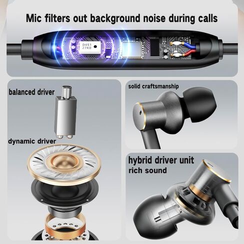 سماعات أذن USB-C لإلغاء الضوضاء، محرك هجين (1DD+1BA) سماعات رأس سلكية عميقة الجهير من النوع C، سماعة أذن مزودة بميكروفون لإلغاء الضوضاء متوافقة مع هواتف iPhone 17 16 15 pro max Samsung ومنفذ C in Kuwait