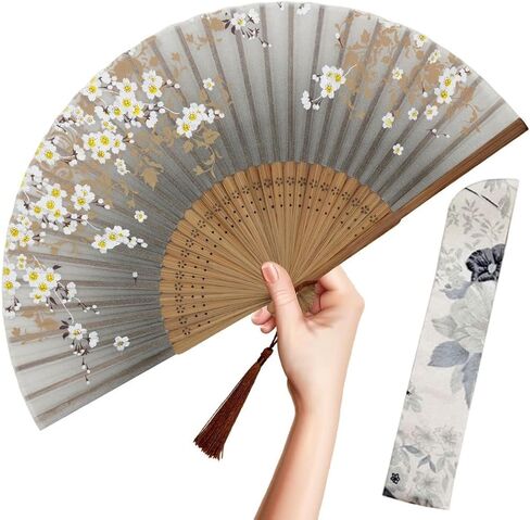 OMyTea Folding Hand Fan for Women - Foldable Chinese Japanese Vintage Bamboo Silk Fan - for Hot Flash, Church, EDM, Music Festival, Party, Dance, Performance, Decoration, Gift (White Bamboo Forest) in Saudi Arabia