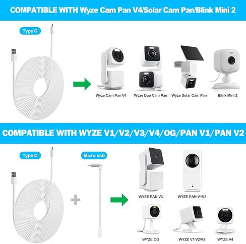 2 حزمة كابل تمديد الطاقة 16.4FT لـ WyzeCam، WyzeCam Pan، KasaCam Indoor، NestCam Indoor، Blink، Amazon Cloud Cam، USB إلى Micro USB شحن متين وسلك مزامنة البيانات (أبيض) in Kuwait