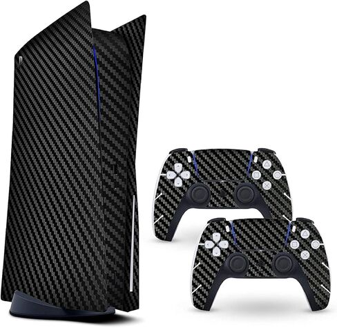ملصقات من الفينيل الكربوني الأسود لوحدة تحكم إصدار قرص PlayStation 5 واثنين من الملصقات ذات الإحساس المزدوج 5 تصميم وحدة تحكم ووحدة تحكم PS5 باللون الأسود [لعبة فيديو] in Kuwait