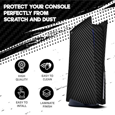 ملصقات من الفينيل الكربوني الأسود لوحدة تحكم إصدار قرص PlayStation 5 واثنين من الملصقات ذات الإحساس المزدوج 5 تصميم وحدة تحكم ووحدة تحكم PS5 باللون الأسود [لعبة فيديو] in Kuwait