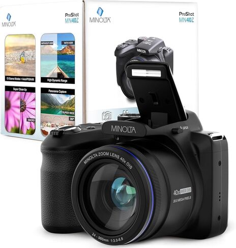 كاميرا رقمية Minolta MN40Z بدقة 20 ميجابكسل - زووم بصري 40x، فيديو بدقة 1080 بكسل FHD، شاشة LCD 3.0 بوصة، واي فاي، اكتشاف الوجه/الابتسامة/الطرفة - أسود (متجدد) in Kuwait