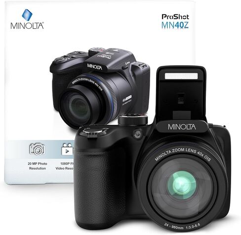 كاميرا رقمية Minolta MN40Z بدقة 20 ميجابكسل - زووم بصري 40x، فيديو بدقة 1080 بكسل FHD، شاشة LCD 3.0 بوصة، واي فاي، اكتشاف الوجه/الابتسامة/الطرفة - أسود (متجدد) in Kuwait