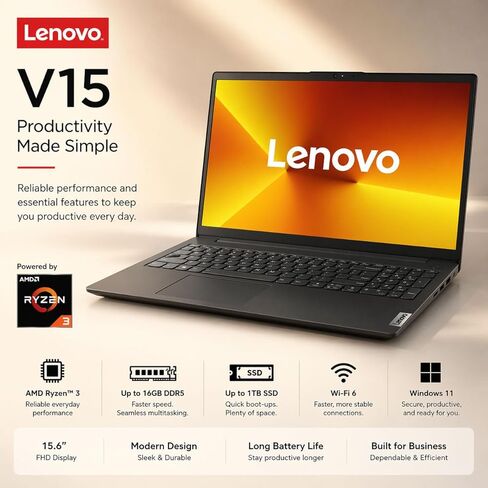 Custom Lenovo New V15 Student & Business Laptop, Powerful AMD Ryzen 3 7320U (Beat i7-1160G7), 15.6" FHD Display, 16GB RAM, 256GB / 512GB / 1TB SSD, RJ-45, Wi-Fi 6, Windows 11 Pro in Kuwait
