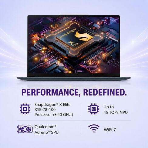 كمبيوتر محمول Lenovo Yoga Slim 7X AI PC، شاشة 14.5 بوصة 3K OLED 90 هرتز تعمل باللمس، Snapdragon X Elite 12-Core 45 Tops NPU، 16 جيجابايت LPDDR5X، 1 تيرابايت SSD، Win 11 Pro، WiFi 7، لوحة مفاتيح بإضاءة خلفية، كاميرا FHD IR مع مصراع إلكتروني in Kuwait