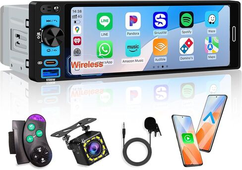 أجهزة استقبال ستيريو للسيارة مقاس 6.5 بوصات مع Apple CarPlay اللاسلكي، وشاشة IPS تعمل باللمس 1280 × 452، وبلوتوث 5.2، وراديو السيارة FM AM، وكاميرا احتياطية، وشحن سريع USB من النوع C، وAndroid Auto، ونظام تحديد المواقع العالمي (GPS)، وSWC in Kuwait