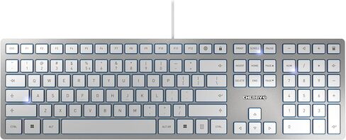 CHERRY KC 6000، لوحة مفاتيح بتصميم نحيف، تخطيط الاتحاد الأوروبي (QWERTY)، سلكي (منفذ USB-A)، مفاتيح هادئة، ملصق متين، فضي (متجدد) in Kuwait