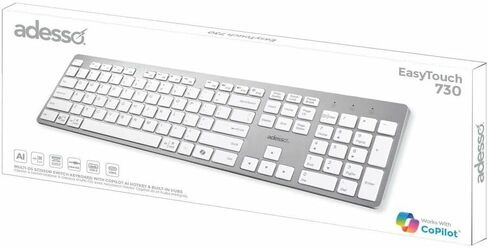لوحة مفاتيح Adesso EasyTouch 730UW USB-C متعددة أنظمة التشغيل مقصية مع مفتاح التشغيل السريع Copilot AI وUSB-C، وUSB-A، ومنافذ Aux 3.5 مم in Kuwait
