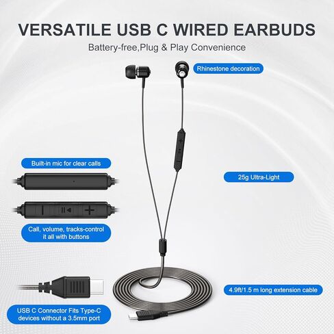 سماعات أذن سلكية USB C من Cowyawn، سماعات رأس USB-C مع ميكروفون، التحكم في مستوى الصوت، صوت ستيريو عالي الدقة، وسائد أذن عازلة للضوضاء، سماعة أذن USB من النوع C داخل الأذن لهاتف iPhone 17 16 15/Android/Samsung Phone/Laptop، أسود in Kuwait