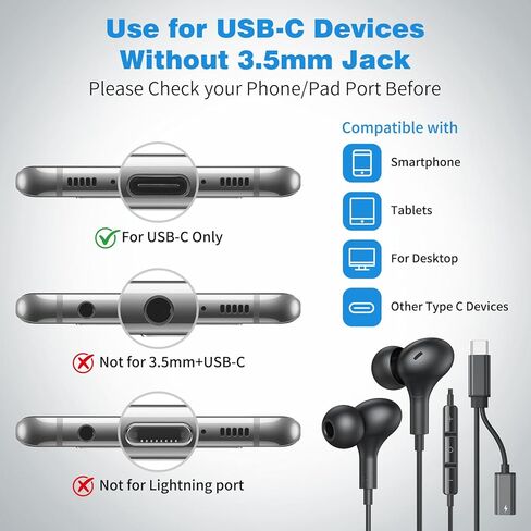 USB C Headphones Wired Earbuds with USBC Charger Adapter, 2-in-1 HiFi Plug in Ear Buds Type C Earphones Tangle-Free Cord for iPhone 15 16 16e 17 Galaxy S26 S25 S24 S23 for Google/Pixel 10 10a Black in Kuwait