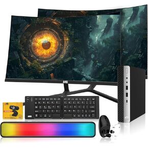 HP EliteDesk G5 Tiny PC، Intel i5، ذاكرة الوصول العشوائي 16 جيجابايت، 1 تيرابايت SSD + 500 جيجابايت HDD، شاشة منحنية مزدوجة 32 بوصة، لوحة مفاتيح/ماوس لاسلكية قابلة للطي مع سماعات أذن مدمجة، شريط صوت RGB، كاميرا ويب، USB WiFi & BT، Windows 11 (متجدد) in Kuwait