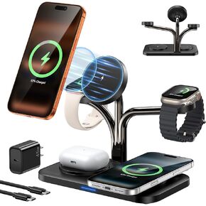محطة شحن مغناطيسية 45 وات 5 في 1 لأجهزة Apple المتعددة، حامل شاحن مزدوج للهاتف وساعة Apple، شاحن لاسلكي سريع لشاحن MagSafe لسلسلة iPhone 17-12، لساعة Apple وAirPods in Kuwait
