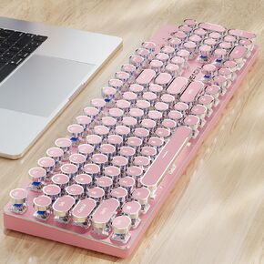 EWEADN TK950 Wireless Typewriter Mechanical Keyboard, Rechargeable Gaming Keyboard with White Backlit, 104 Retro Round Keys, Blue Switches, Bluetooth/2.4G/Wired Keyboard for Windows/Mac/PC-Pink in Saudi Arabia