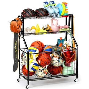 Garage Sports Equipment Organizer, Ball Storage Rack, Ball Storage Garage, Garage Organizer, Rolling Sports Ball Storage Cart, Black, Steel in Kuwait