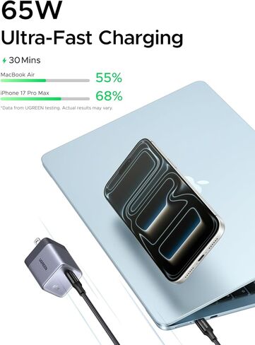 UGREEN Nexode Air 65W USB C Charger, Foldable Mini Charger Block Fast Charging with 5ft USB C Cable, GaN Charger for MacBook Air/Neo/Pro, iPhone 17 16, Galaxy S26/S25, iPad, Grey in Kuwait