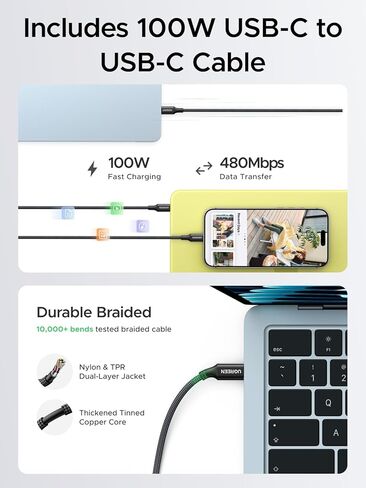 UGREEN Nexode Air 65W USB C Charger, Foldable Mini Charger Block Fast Charging with 5ft USB C Cable, GaN Charger for MacBook Air/Neo/Pro, iPhone 17 16, Galaxy S26/S25, iPad, Grey in Kuwait