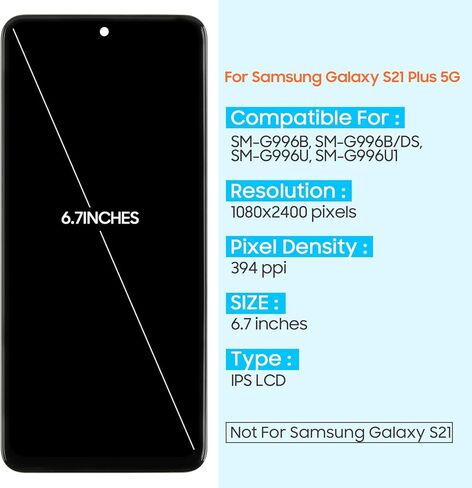 شاشة INCELL LCD لهاتف Samsung Galaxy S21 Plus 5G بديلة لشاشة Samsung S21 Plus 5G LCD SM-G996U G996B G996W 6.7 بوصة مجموعة محول رقمي لشاشة تعمل باللمس مع أدوات إصلاح (أسود مع إطار) in Kuwait
