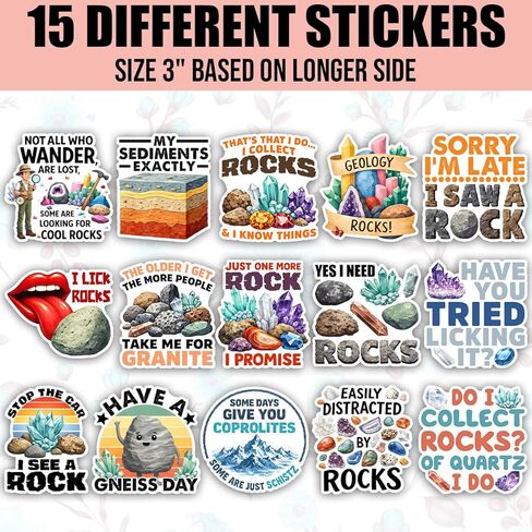 TODOLIA (15Pcs-3in) Rockhound Rockhounding Sticker Pack, Geology Gemstones Crystals Geodes Rocks Minerals Sticker, Geologist Rock Collector Gift, Decor for Laptop Tablet Water Bottle Helmet Vehicles in Kuwait