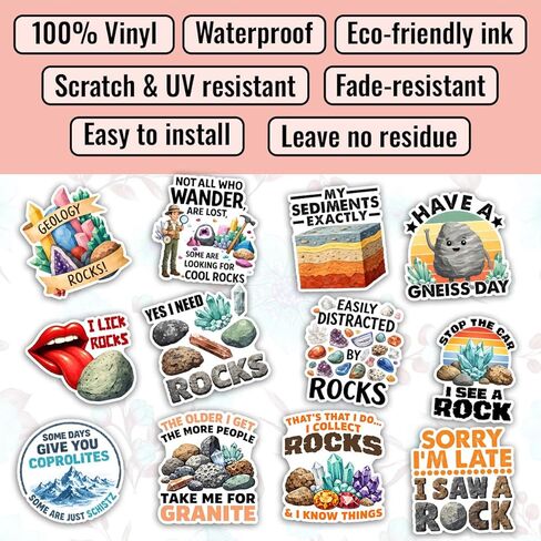 TODOLIA (15Pcs-3in) Rockhound Rockhounding Sticker Pack, Geology Gemstones Crystals Geodes Rocks Minerals Sticker, Geologist Rock Collector Gift, Decor for Laptop Tablet Water Bottle Helmet Vehicles in Kuwait