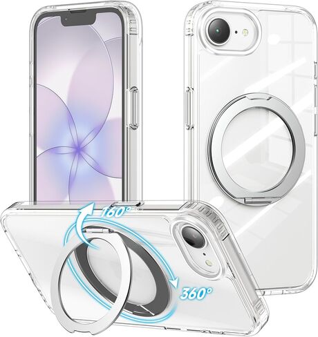 حافظة هاتف Cresee لهاتف iPhone 17e / iPhone 16e، حامل حلقي مغناطيسي 360 درجة متوافق مع Magsafe، ظهر صلب شفاف + غطاء مقاوم للصدمات من مادة TPU مع مغناطيس لهاتف iPhone 17e / 16e - شفاف in Kuwait
