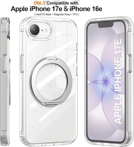 حافظة هاتف Cresee لهاتف iPhone 17e / iPhone 16e، حامل حلقي مغناطيسي 360 درجة متوافق مع Magsafe، ظهر صلب شفاف + غطاء مقاوم للصدمات من مادة TPU مع مغناطيس لهاتف iPhone 17e / 16e - شفاف in Kuwait