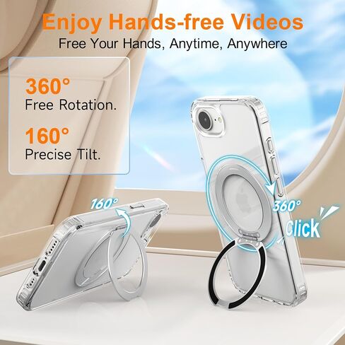 حافظة هاتف Cresee لهاتف iPhone 17e / iPhone 16e، حامل حلقي مغناطيسي 360 درجة متوافق مع Magsafe، ظهر صلب شفاف + غطاء مقاوم للصدمات من مادة TPU مع مغناطيس لهاتف iPhone 17e / 16e - شفاف in Kuwait