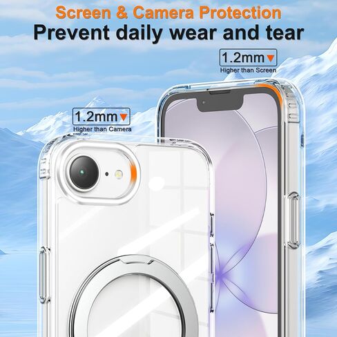 حافظة هاتف Cresee لهاتف iPhone 17e / iPhone 16e، حامل حلقي مغناطيسي 360 درجة متوافق مع Magsafe، ظهر صلب شفاف + غطاء مقاوم للصدمات من مادة TPU مع مغناطيس لهاتف iPhone 17e / 16e - شفاف in Kuwait