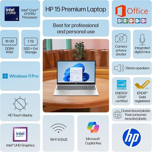 كمبيوتر محمول للأعمال HP Premium بشاشة لمس عالية الدقة مقاس 15.6 بوصة، وذاكرة وصول عشوائي سعتها 16 جيجابايت، وتخزين 1 تيرابايت (512 جيجابايت SSD+500 جيجابايت تحويلة)، ومعالج Intel i3 سداسي النواة (يصل إلى 4.4 جيجا هرتز)، وبطارية طويلة، وMarxsolAccessory،  in Kuwait