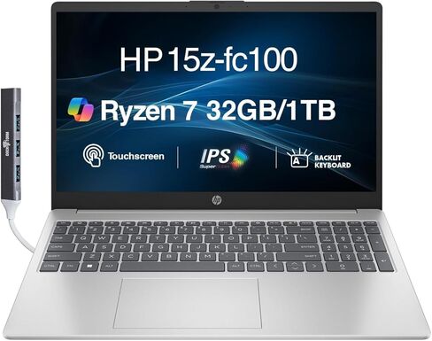 HP 15z Business Laptop 15.6" Touchscreen IPS FHD Anti-Glare Display (AMD Ryzen 7 7735HS, 32GB DDR5, 1TB SSD, Copilot AI, Backlit KB, WiFi 6, FHD Webcam, Win 11 Pro) w/DKZ USB Port Expander in Kuwait