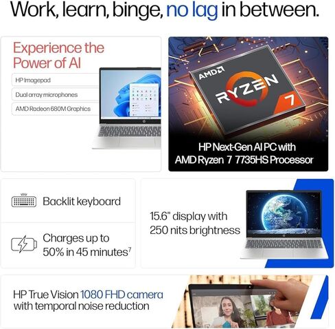 HP 15z Business Laptop 15.6" Touchscreen IPS FHD Anti-Glare Display (AMD Ryzen 7 7735HS, 32GB DDR5, 1TB SSD, Copilot AI, Backlit KB, WiFi 6, FHD Webcam, Win 11 Pro) w/DKZ USB Port Expander in Kuwait